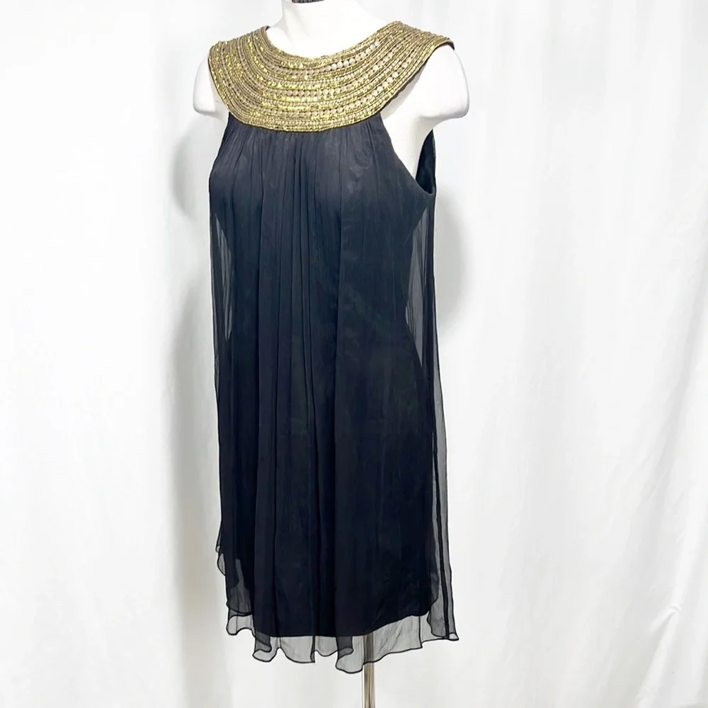 Jovani Gold Beaded Yolk Neckline and Black Silk Flowy Dress size 12